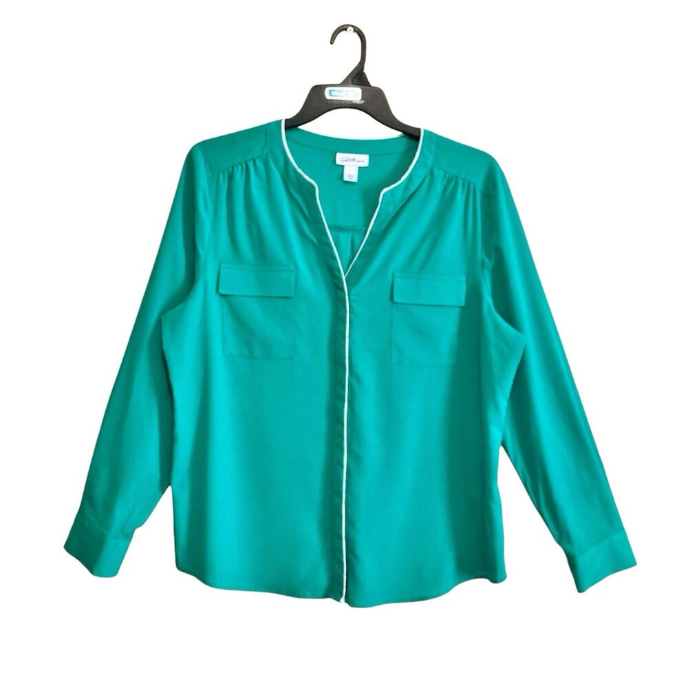 Jaclyn Smith Blouse Top Womens Size XL Green White Trim Long Sleeve Pockets